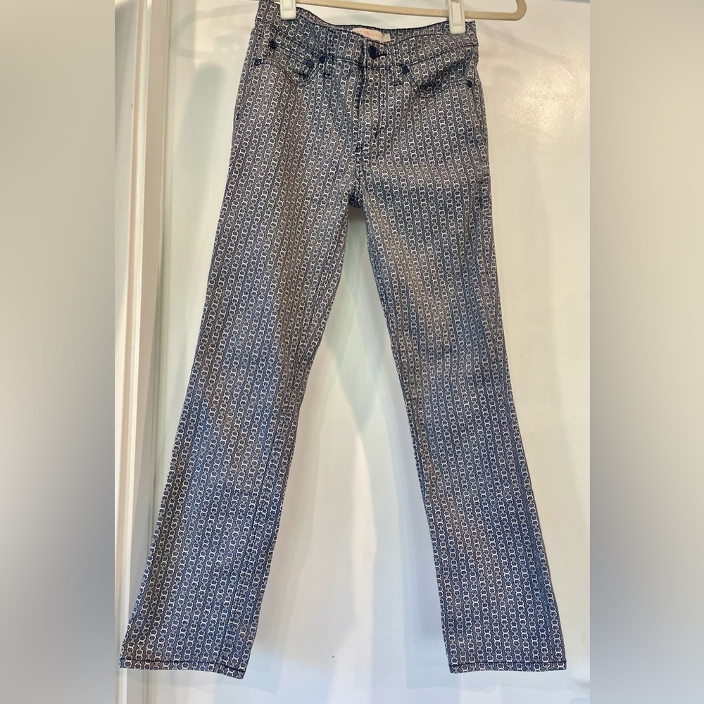 Tory Burch mid-rise patterned jeans, straight leg, cropped, blue/white, 24